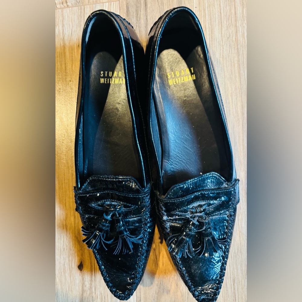Stuart Weitzman Black Tassel Pointed Loafers
